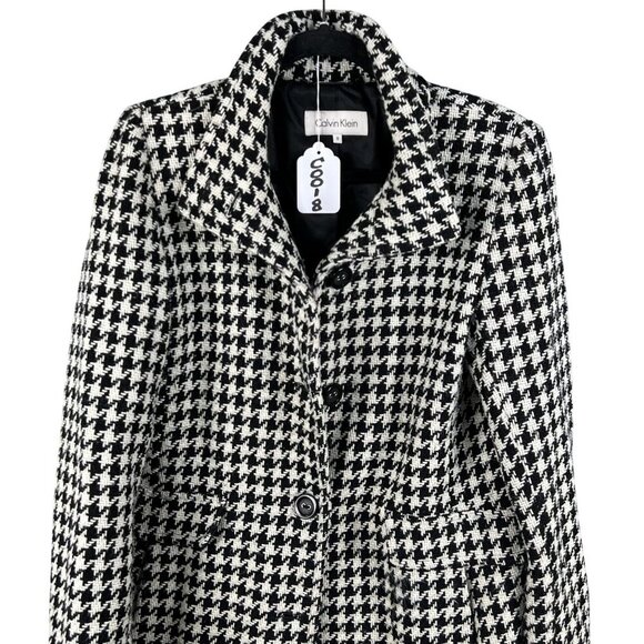 Calvin Klein Women 8 Houndstooth Wool Blend Coat Black White Button Up Old Money - Picture 16 of 16